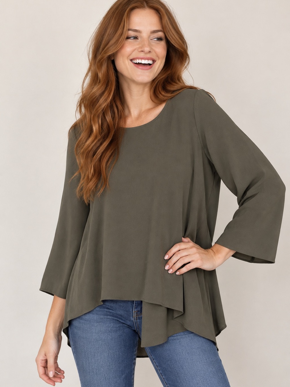 OAK + FORT Olive Green Long Sleeve Flow Blouse